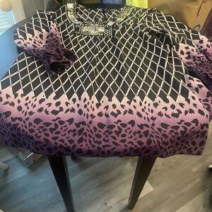 Sioni Black and Purple Patterned Beaded Neck Blouse